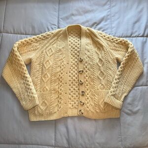 Wool VTG Cream Color Cardigan Handmade From Ireland With Buttons and Pockets